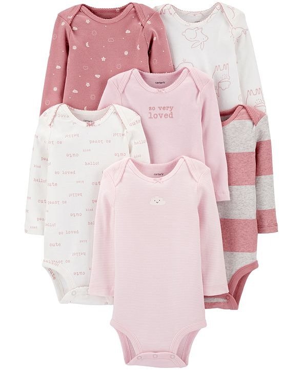 Baby Girls 6-Pack Long-Sleeve Printed Cotton Bodysuits