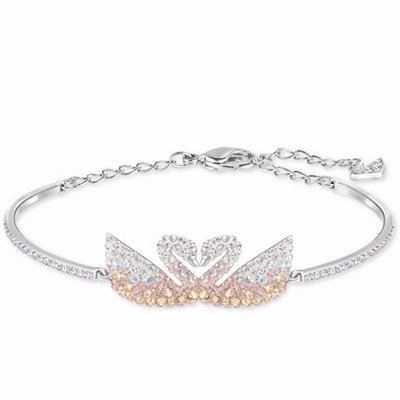 Silver-Tone Colored Crystal Swans Bangle Bracelet