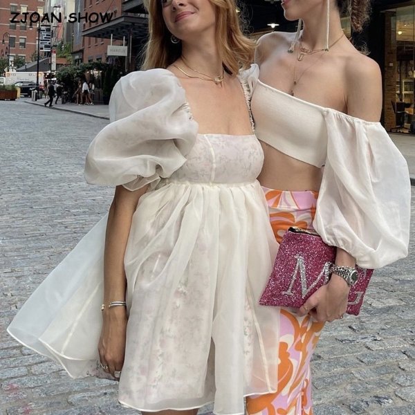 28.63US $ 31% OFF|2 Ways Wear Chiffon Floral Print Spliced Organza Ball Gown Dress Puff Sleeve Retro Women Swing Short Dresses Fairy Vestidos - Dresses - AliExpress