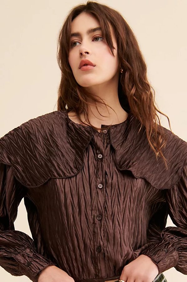 Native Youth Crinkle Plisse Buttoned Blouse