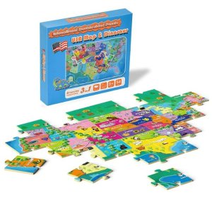 史低价：Qiaojoy 54片双面儿童益智拼图，美国地图和恐龙主题