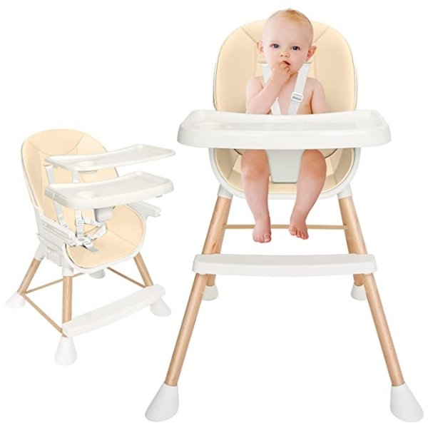 3-in-1 Baby High Chair with Removable Double Tray Modern Wooden Highchair with Adjustable Legs for Babies Infants Toddlers Kids Beige