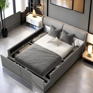 Markiest Queen Size Upholstery Bed with Storage Space on both Sides and Footboard
