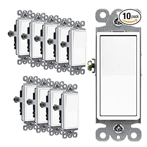 Decorator Paddle Rocker Light Switch, Single Pole, 3 Wire, Grounding Screw, Residential Grade, 15A 120V/277V, UL Listed, 91150-W-10PCS, White (10 Pack)