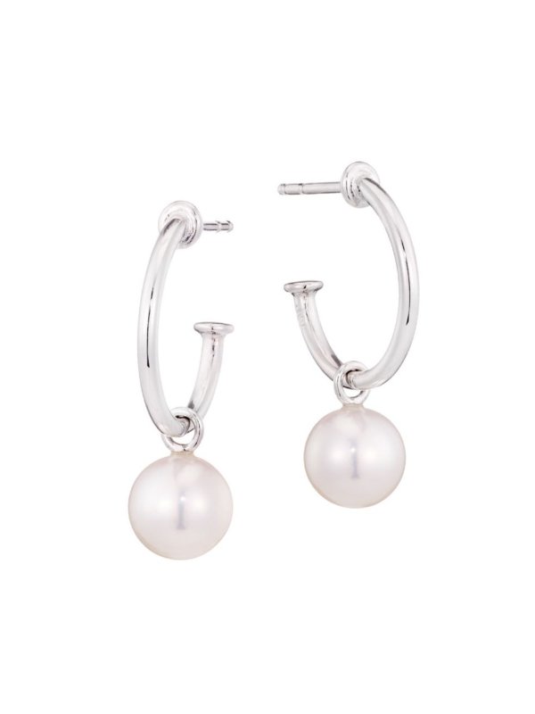 7MM White Round Akoya Pearl 18K White Gold Hoop Earrings
