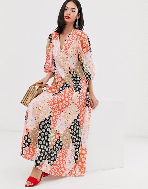 trapeze maxi dress with puff sleeve in mixed daisy print | ASOS
