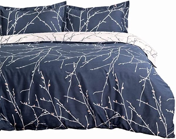 Duvet Cover Sets with Zipper Closure-Branch and Plum Blue Printed Pattern,King (104x90 inches)-3 Pieces (1 Duvet Cover + 2 Pillow Shams)-110 GSM Ultra Soft Microfiber