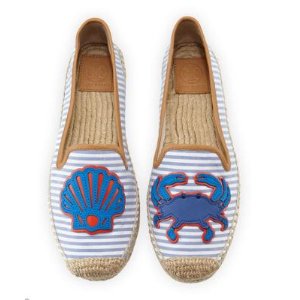Tory Burch Crab Striped Espadrille Flat, Chicory/Ivory