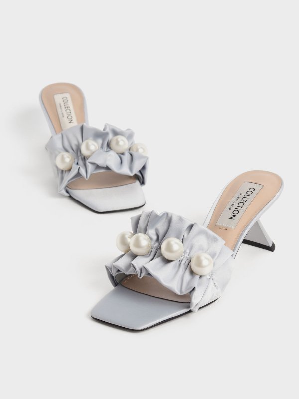 Silver Blythe Bead-Embellished Satin Mules | CHARLES &amp; KEITH