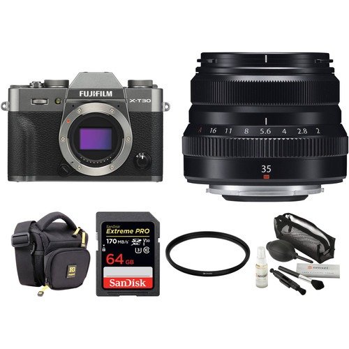 X-T30 Mirrorless Digital Camera with 35mm f/2 Lens and Accessories Kit (Charcoal Silver)