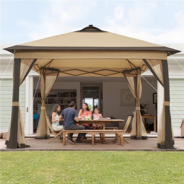 11x11ft Outdoor Gazebo Pop Up Canopy with Mesh Netting/Solar LED Lights, Khaki/Brown