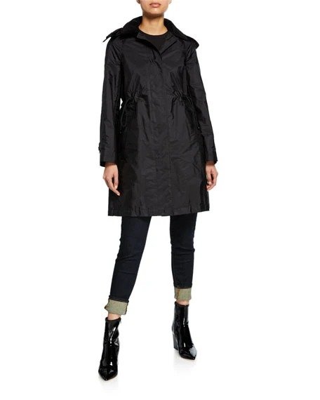 Taffeta Corduroy-Collar Rain Coat, Black