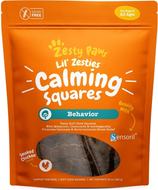 ZESTY PAWS Calming Chewable Squares Support Normal Stress & Hyper Activity Smoked Chicken Flavor Soft Chews Dog Supplement, 10-oz jar - Chewy.com