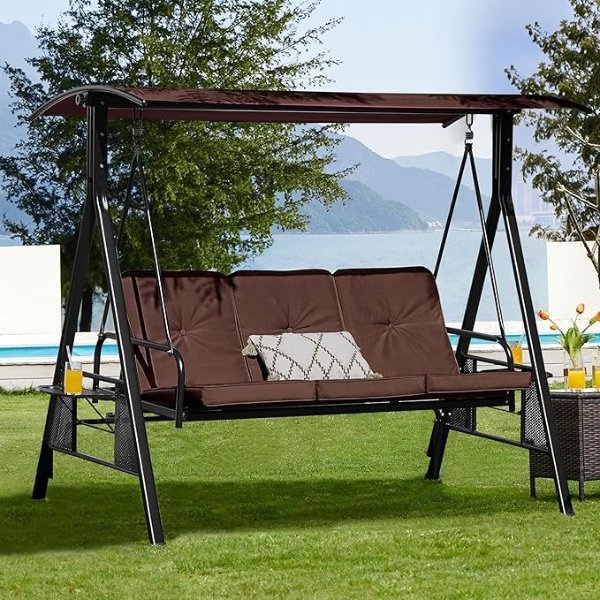 3 Seater Garden Swing Chair, Hammock Bench Chair Patio Porch Swing with Adjustable Canopy and Cushions, Steel Frame Porch Patio Swing Seat Lounger for Balcony, Deck, Poolside