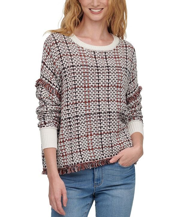 Lurex Plaid Weaved Fringe Sweater