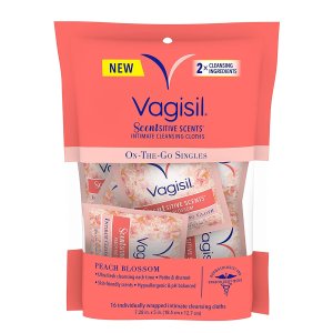 Vagisil Scentsitive Scents On-The-Go Feminine Cleansing Mini Wipes, pH Balanced, Peach Blossom, Individually Wrapped, 16 Count