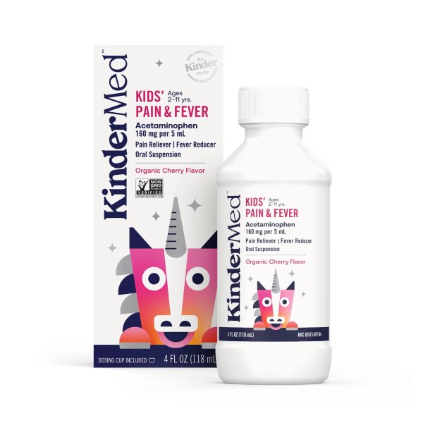 KinderMed Kids’ Pain and Fever, Oral Suspension, Organic Cherry Flavor, 4 oz (118 mL)