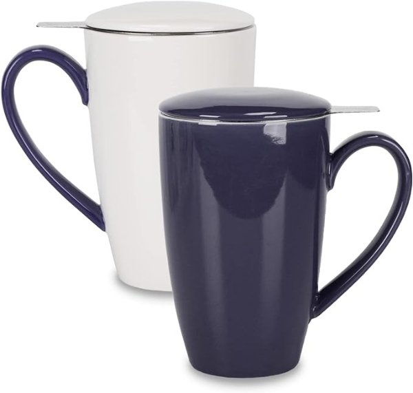 Porcelain Tea Mug with Infuser and Lid, 16 Ounce Ceramic Tea Cup for Loose Leaf, Coffee, Cocoa and Milk, Tea Gift for Tea Lovers, Set of 2(Navy Blue and White)