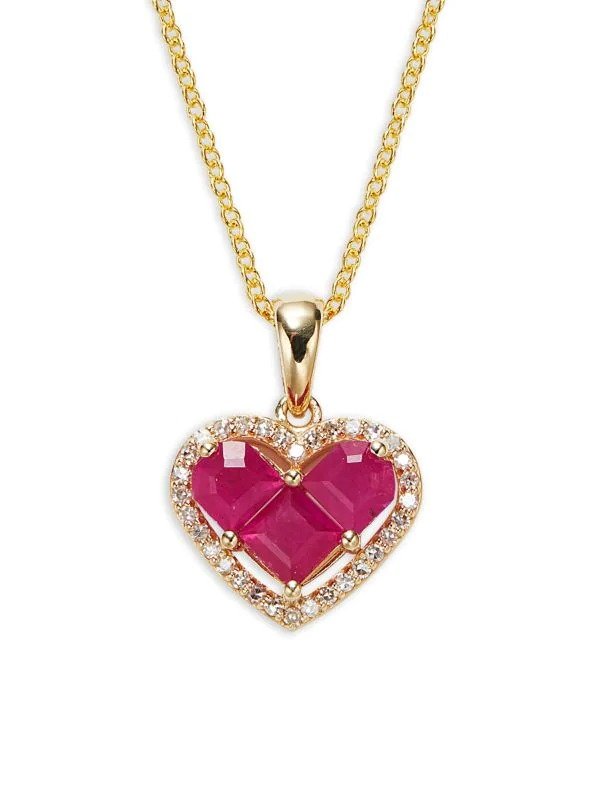 14K Yellow Gold, 0.13 TCW Diamond & Ruby Heart Pendant Necklace