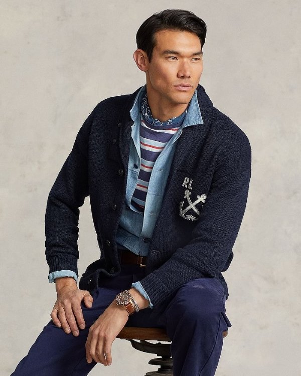 Cotton & Linen Nautical Regular Fit Shawl Collar Cardigan