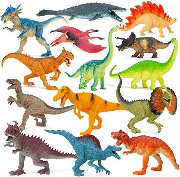 14 Pk Dinosaur Toys for Kids with Educational Pamphlet - 9" Long Dinosaur Toy Figures for Boys & Girls Ages 3+