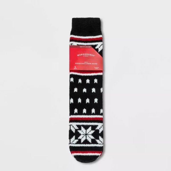 Men&#39;s Holiday Fair Isle Cozy Crew Socks with Gift Card Holder - Wondershop&#8482; Black 7-12