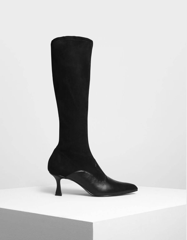 Black Dual Texture Knee Boots | CHARLES & KEITH