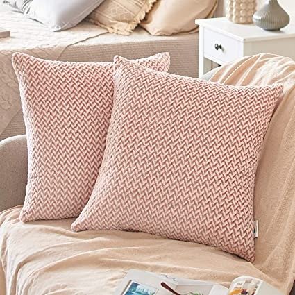 Throw Pillow Covers 16x16 – Rose Tan and White, Set of 2 – Melange Effect – Plush and Soft Fabric – Chevron Pattern – Decorative Pillows for Living Room – Perfect for Couch, Bed