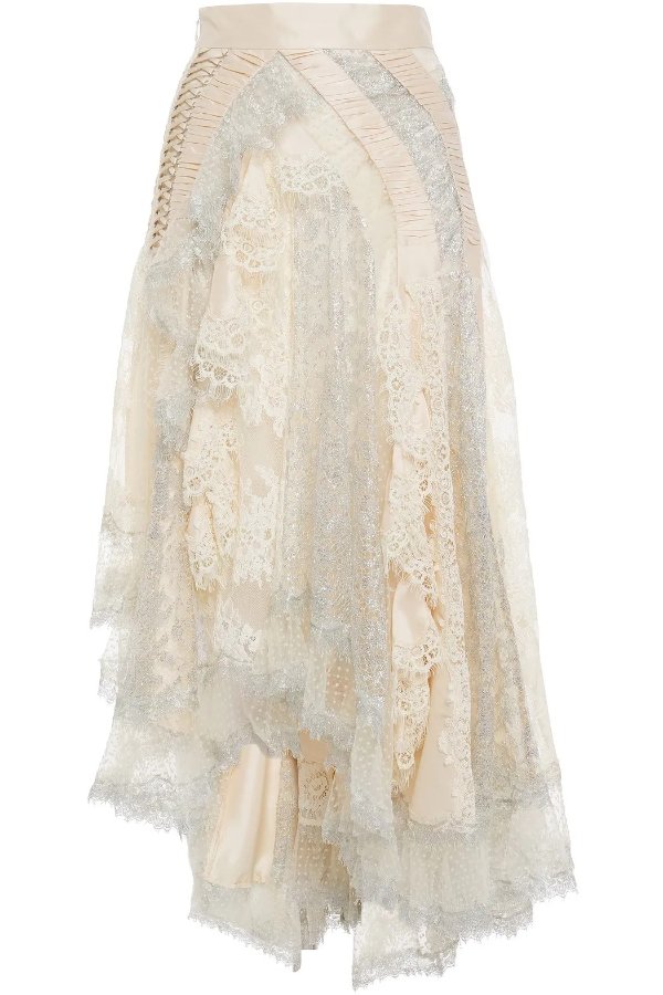 Asymmetric ruffled silk-shantung, lace and flocked tulle skirt