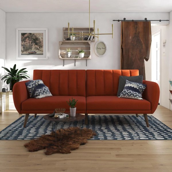 Brittany Futon Sofa Bed and Couch Sleeper, Persimmon Linen