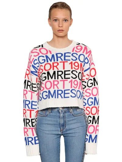 CROPPED INTARSIA COTTON BLEND SWEATER