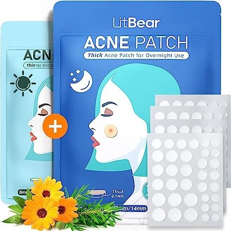 Acne Pimple Patches- Day and Night 4 Sizes 180 Dots Thin & Thick Hydrocolloid Patches with Witch Hazel, Tea Tree & Calendula Oil, Extra Adhesion for Face Zit Patch Dots