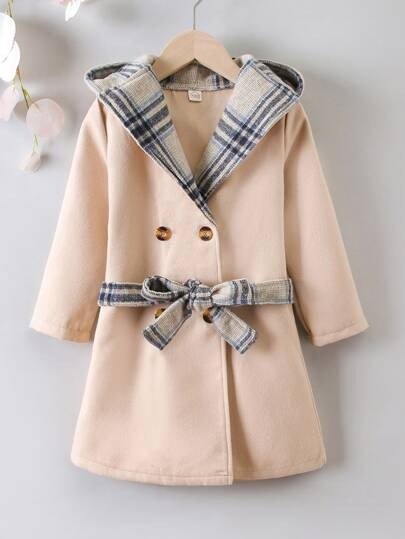 Toddler Girls Plaid Lined Double Breasted Belted Overcoat