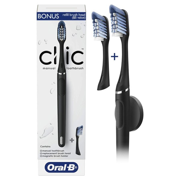 Clic Manual Toothbrush, Matte Black, with 1 Bonus Replacement Brush Head and Magnetic Toothbrush Holder