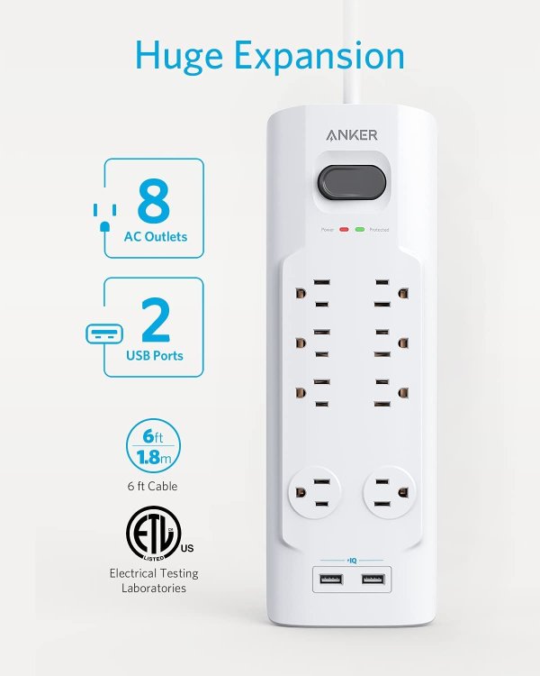 Anker Power Strip Surge Protector,8 Outlets & 2 USB Ports with Flat Plug
