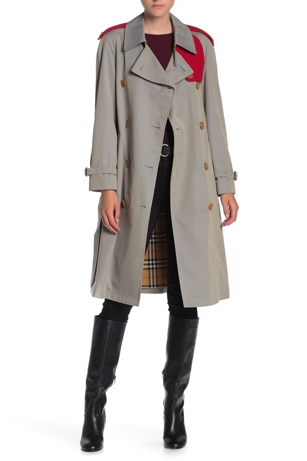 Pip Hurst Contrast Knit Trim Double Breasted Trench Coat