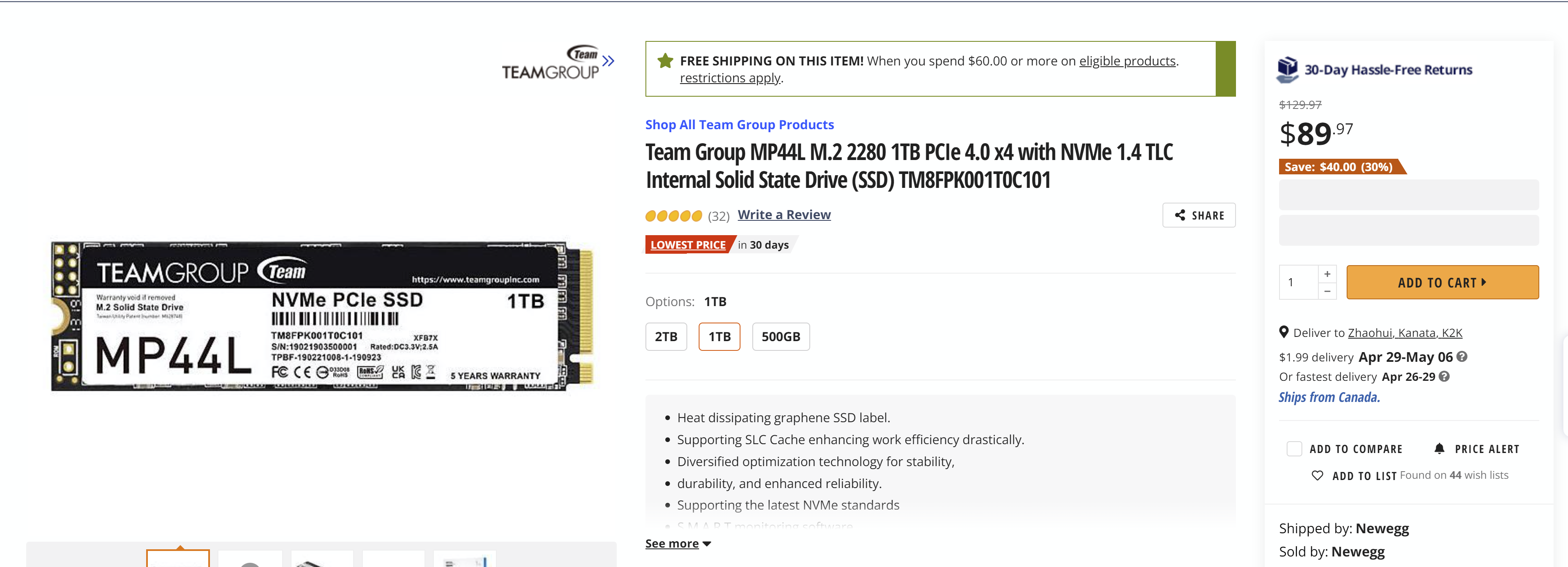 Team Group MP44L M.2 2280 1TB PCIe 4.0 x4 with NVMe 1.4 TLC Internal Solid State Drive (SSD) TM8FPK001T0C101
