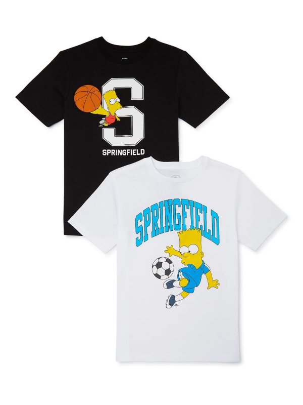 Boys Short Sleeve Bart Sports Graphic Crew Neck T-Shirt, 2-Pack, Sizes XS-2XL (Boys & Big Boys)