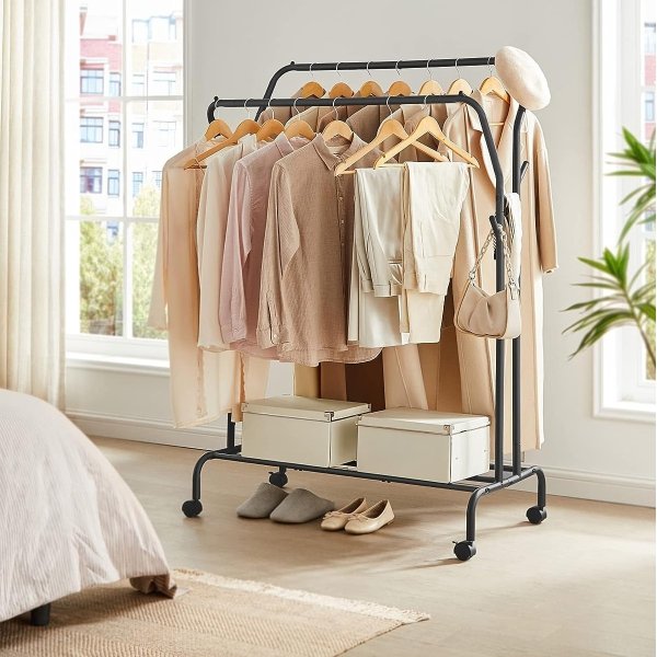 Clothes Rack, Double-Rod Clothing Rack with Wheels