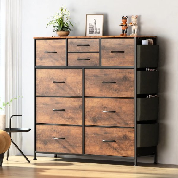 10 Drawer Dresser, Chest of Drawers for Bedroom Fabric Dressers with Side Pockets and Hooks, Brown