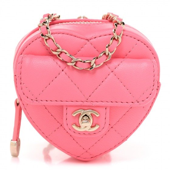 Lambskin Quilted CC In Love Heart Coin Purse With Chain Pink | FASHIONPHILE