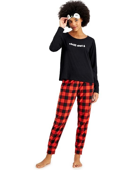 Fleece Pants Pajamas & Eye Mask 3pc Set, Created for Macy's