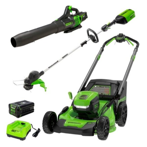 Greenworks - 80V 21” Lawn Mower, 13” String Trimmer, and 730 Leaf Blower Combo with 4 Ah Battery & Charger