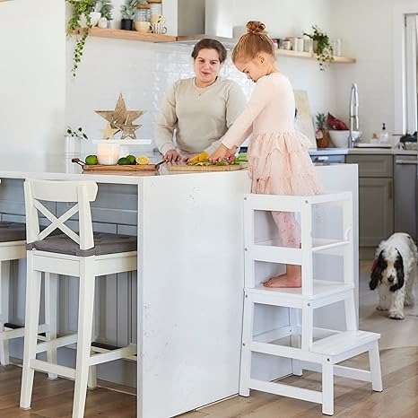 2-in-1 Funtastic Tower and Step Stool, Easy to Assemble, Multi-Purpose Stool with Non-Toxic Paint Finish, Made of Solid Pinewood, White