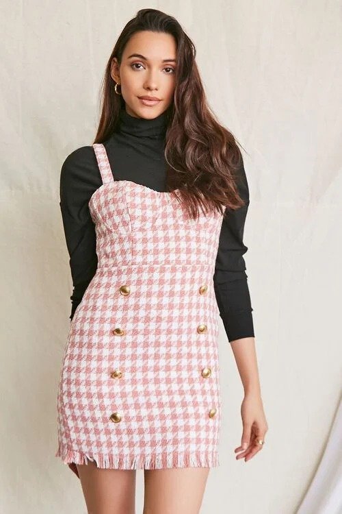 Frayed Houndstooth Pinafore Dress