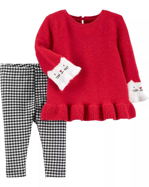 2-Piece Cat Sweater & Gingham Legging Set