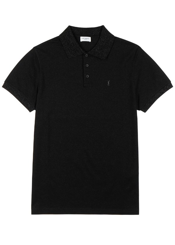 Black metallic cotton-blend polo shirt