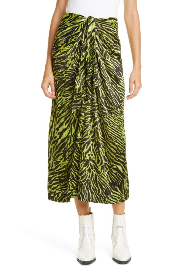 Leopard Print Silk Satin Midi Skirt