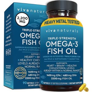 Viva NaturalsEPA DHA Omega 3 Supplement - 2200 mg Triple-Strength Omega 3 Fish Oil per Serving Supports Heart and Brain Health, Wild Caught Fish Oil 1000 mg Omega 3 Fatty Acids per Softgel - 90 Count