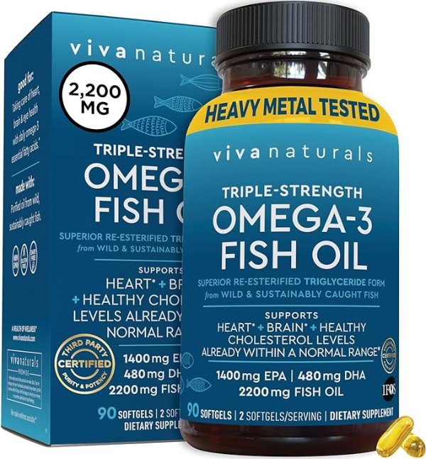 EPA DHA Omega 3 Supplement - 2200 mg Triple-Strength Omega 3 Fish Oil per Serving Supports Heart and Brain Health, Wild Caught Fish Oil 1000 mg Omega 3 Fatty Acids per Softgel - 90 Count